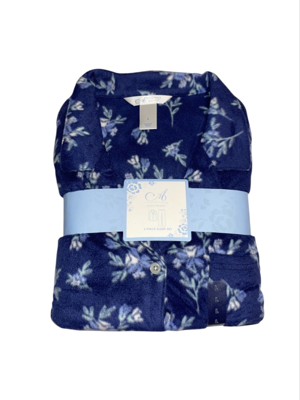 Adonna Women's Fleece Long Sleeve Pajama Set Navy Blue Floral Sz Large New Cozy